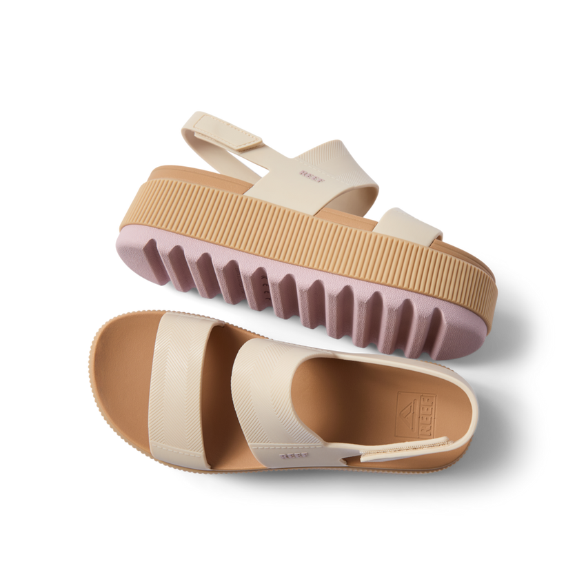 Water Vista Higher women's sandals shown from top and side with cushioned sole and textured outsole in pale mauve and cream colors.