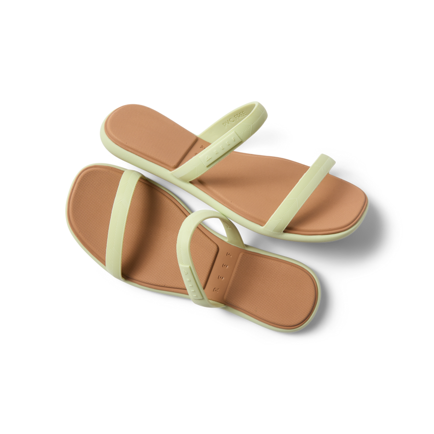 Top and bottom views of Water Willow Marina women's sandals in light green with cushioned footbeds and arch support