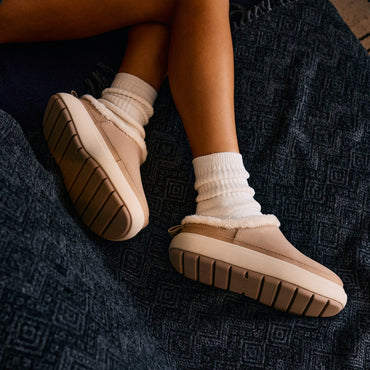 Weekend Low Brooke leather shoes with toes facing right, cushioned soles, and cozy sock cuffs on feet