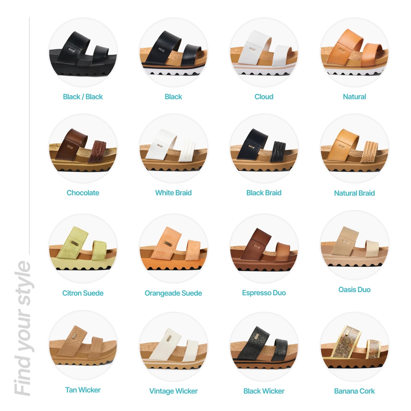 Grid of Cushioned Vista Hi women’s sandals, side view, showing various colors and surf-inspired comfort designs.